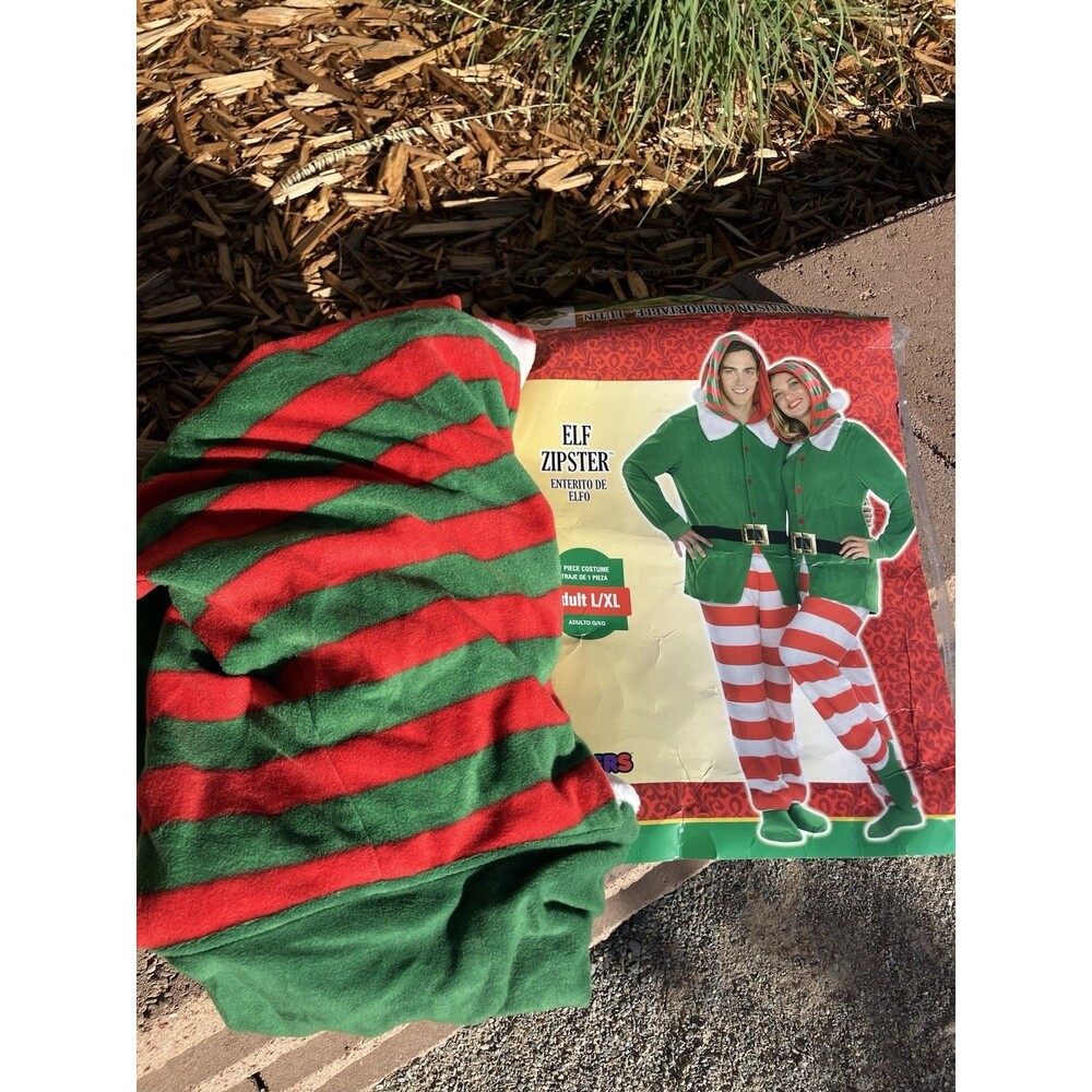 Amscan Elf Zipster Adult L/XL Christmas Costume One Piece Hooded Jumpsuit